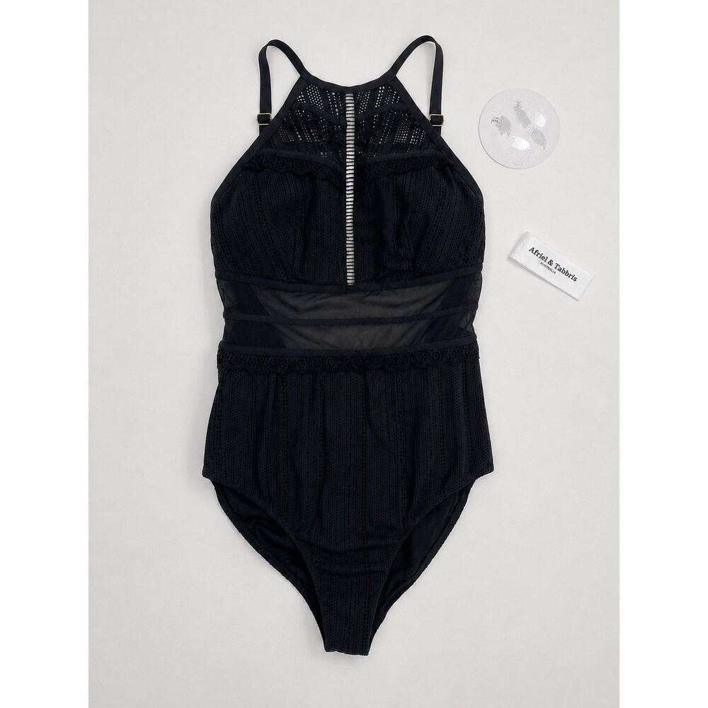 NWT Afriel & Tabbris Black Mesh One Piece Swimsuit US 10 Peplum High Neck